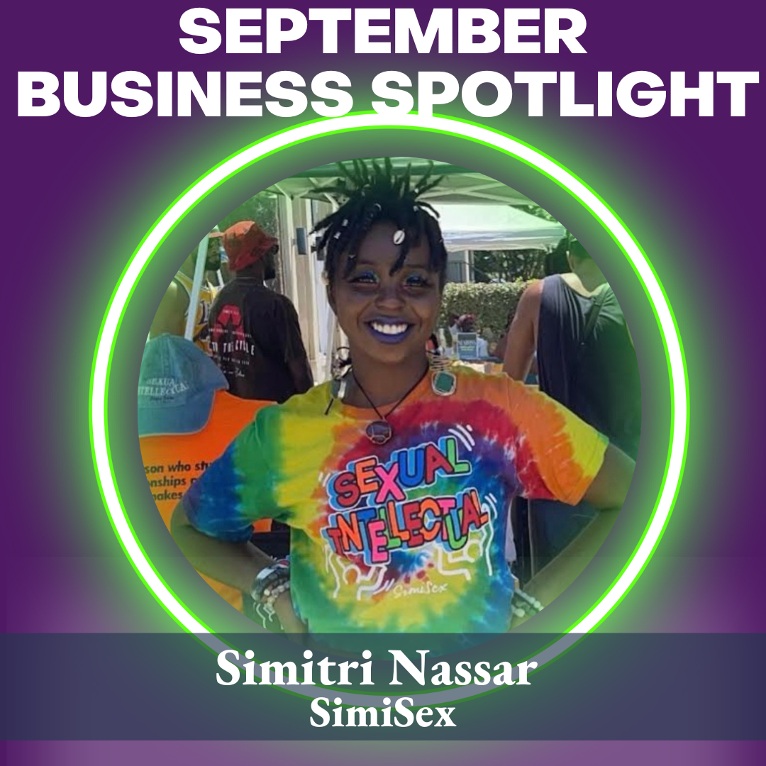 August business spotlight. With picture of Nichole Clemmer in green circle with blue background. 